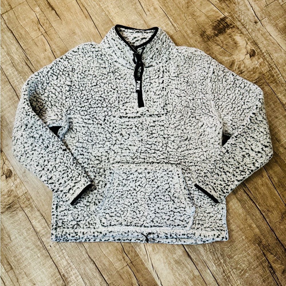 Womens Victoria’s Secret PINK Sherpa Quarter-Zip Pullover – Frosted Gray Medium - Picture 1 of 7